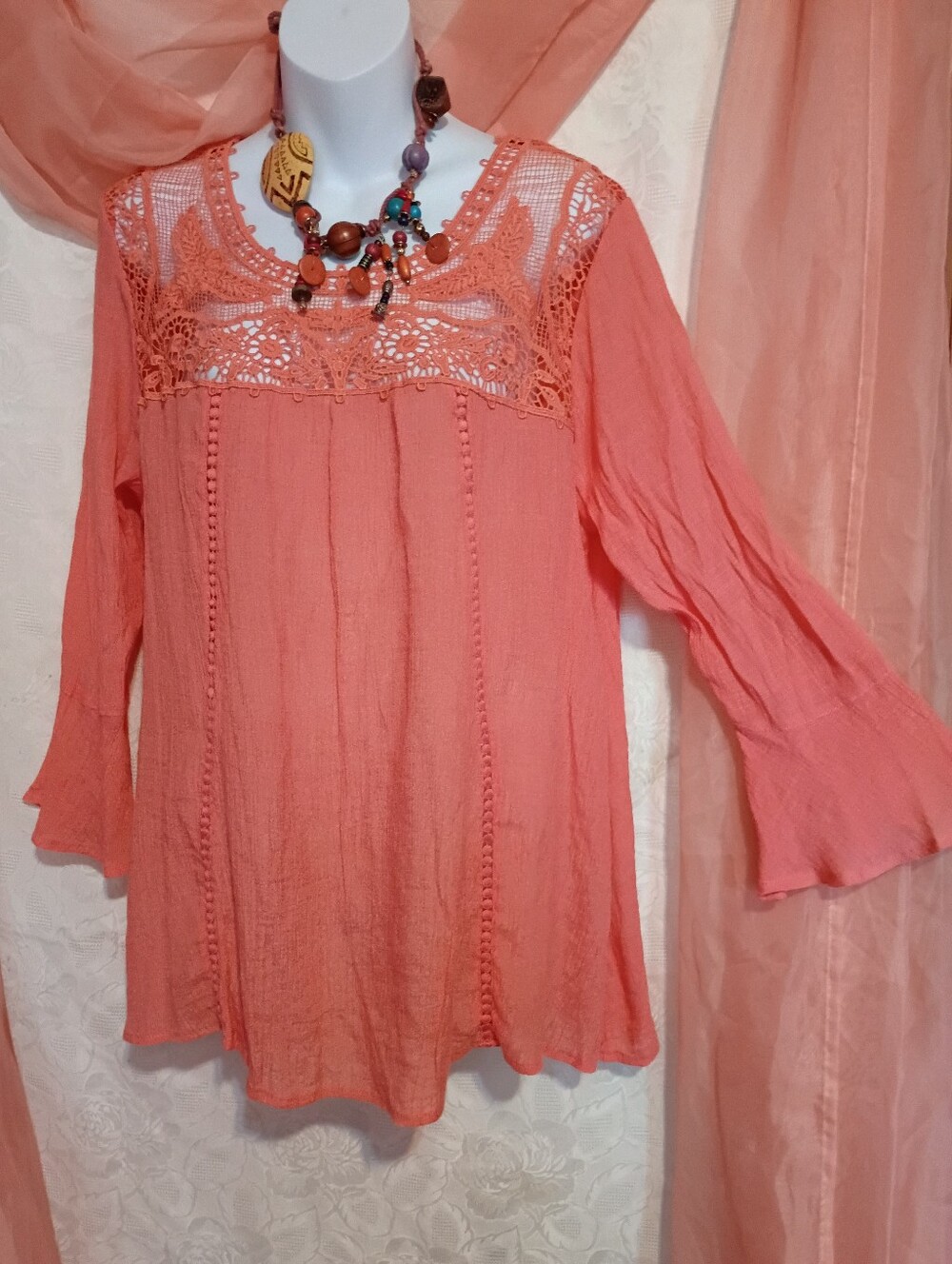 Zac & Rachel Ladies Coral Boho Lace Yoke Boho Blouse Sz Lg